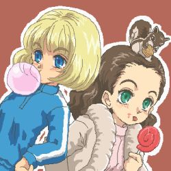 2girls animification aqua_eyes blonde_hair blowing_bubbles blue_eyes brown_hair candy charlie_and_the_chocolate_factory chewing_gum dutch_angle eating food green_eyes hand_on_own_hip hip_focus jaggy_lines kasuga_(kasuga39) licking lollipop long_hair looking_away lowres multiple_girls oekaki pixel_art short_hair simple_background squirrel swirl_lollipop tim_burton tongue veruca_salt violet_beauregard violet_beauregarde warner_bros.