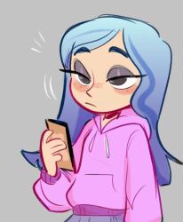 1girl andrea_davenport blue_hair blush bonnie_yun28 brown_eyes disney freckles highres holding holding_phone light_blue_hair long_hair looking_at_viewer multicolored_hair phone pink_sweater purple_skirt skirt smile solo streaked_hair sweater the_ghost_and_molly_mcgee upper_body