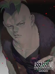 Rule 34 | 1boy, black shirt, copyright name, fingernails, gradient background, green hair, jojo no kimyou na bouken, looking at viewer, male focus, mohawk, parted lips, pectoral cleavage, pectorals, pesci, shirt, short hair, short sleeves, solo, thick neck, upper body, vento aureo, zoo (oukakumaku)