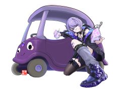 1girl bandaid bandaid_on_cheek bandaid_on_face bandaid_on_nose black_jacket black_skirt black_thighhighs chest_jewel closed_mouth detached_collar gem grey_leg_warmers highres hololive hololive_english jacket koseki_bijou koseki_bijou_(casual) leg_warmers metal_wings milk_carton official_alternate_costume official_alternate_hairstyle pebble purple_eyes purple_gemstone purple_hair purple_shorts quilted_jacket ron_miyazaki shorts simple_background single_thighhigh skirt smile solo thighhighs two-sided_fabric virtual_youtuber white_background