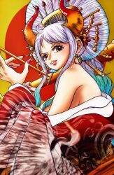 1girl aqua_hair commentary_request earrings highres holding holding_smoking_pipe horns japanese_clothes jewelry kiakawatsuji kimono looking_ahead making-of_available nihongami oiran one_piece red_kimono sidelocks single_bare_shoulder smile smoking_pipe solo twitter_username upper_body white_hair yamato_(one_piece)