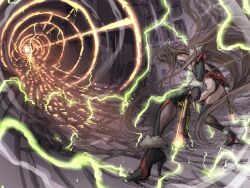 1girl ass boots breasts brown_hair dark-skinned_female dark_skin electricity female_focus full_body gun hair_ribbon hammer highleg highleg_leotard holding holding_gun holding_hammer holding_weapon legs_apart leotard long_hair looking_ahead mizuki_yukikaze neon_lights official_art outdoors pink_eyes revealing_clothes ribbon serious shindol shiny_clothes skin_tight small_breasts solo taimanin_(series) taimanin_rpgx taimanin_suit taimanin_yukikaze twintails two_side_up very_long_hair weapon