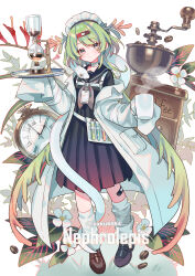 Rule 34 | 1girl, absurdly long hair, absurdres, bandaid, bandaid on leg, black sailor collar, black skirt, brown shoes, clock, coat, coffee beans, coffee grinder, coffee siphon, commentary request, cup, english text, full body, gradient hair, green eyes, green hair, grey neckerchief, harness, high-waist skirt, highres, holding, holding cup, holding tray, id card, lab coat, loafers, long hair, looking at viewer, maid headdress, mug, multicolored hair, neckerchief, original, plant, pleated skirt, red hair, sailor collar, school uniform, serafuku, shoes, simple background, skirt, snake, steam, suzaku (zaku6584), test tube, tray, twitter username, very long hair, white background, white coat, white snake