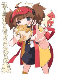 1girl ahoge bent_v black_eyes black_necktie bright_pupils brown_hair burger cheese dot_nose eating employee_uniform fast_food_uniform food happi highres holding holding_burger holding_food imadake_dabuchi_tabemi inuinu_(project_october) japanese_clothes looking_at_viewer mcdonald&#039;s narrowed_eyes necktie short_twintails sketch solo sweatdrop translation_request twintails v v-shaped_eyebrows visor_cap white_background white_pupils yellow_happi