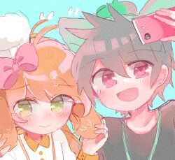 Rule 34 | 1boy, 1girl, animal ears, animification, biko0205, cat ears, cookieann, dog girl, duffy and friends, gelatoni, green eyes, green hair, humanization, long hair, looking at viewer, personification, shirt, smile, upper body