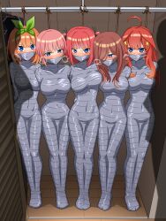 5girls absurdres ahoge blue_eyes bound breasts brown_hair character_request check_character closet covered_navel full_body gag go-toubun_no_hanayome hair_ornament hair_over_one_eye hair_ribbon highres improvised_gag looking_at_viewer medium_breasts multiple_girls mummification_(bound) nakano_ichika nakano_itsuki nakano_miku nakano_nino nakano_yotsuba orange_hair pink_hair red_hair ribbon shadow standing star_(symbol) star_hair_ornament tape tape_bondage tape_gag thalter39o twintails wrapped_up