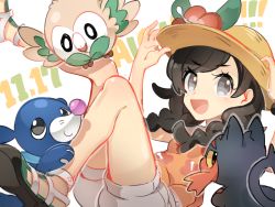 1girl :d braid brown_hair commentary_request creatures_(company) eyelashes flower game_freak gen_7_pokemon green_footwear grey_eyes hands_on_headwear hat hat_flower huan_li litten long_hair nintendo open_mouth orange_shirt pokemon pokemon_(creature) pokemon_usum popplio red_flower rowlet selene_(pokemon) shirt shoes shorts sleeveless sleeveless_shirt smile starter_pokemon_trio tongue twin_braids white_shorts