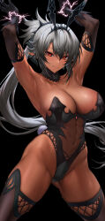 1girl absurdres animal_ears armpits arms_up black_background black_thighhighs breasts closed_mouth commentary_request covered_navel dark-skinned_female dark_elf dark_skin electricity elf fake_animal_ears fake_tail grey_hair highres large_breasts leotard long_hair looking_at_viewer nontraditional_playboy_bunny original playboy_bunny pointy_ears ponytail rabbit_ears rabbit_tail red_eyes simple_background skindentation solo sweat tail thighhighs ulrich_(tagaragakuin)