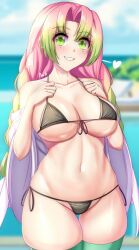 Rule 34 | 1girl, artist name, artist request, bare shoulders, bikini, black bikini, blue sky, blurry, blurry background, blush, braid, breasts, cleavage, cloud, collarbone, female focus, gradient hair, green eyes, green hair, green thighhighs, grin, heart, highres, kanroji mitsuri, kimetsu no yaiba, large breasts, long hair, looking at viewer, matching hair/eyes, micro bikini, mole, mole under each eye, mole under eye, multicolored hair, multiple moles, navel, outdoors, pink hair, sky, smile, solo, swimsuit, teeth, thighhighs, two-tone hair, underboob