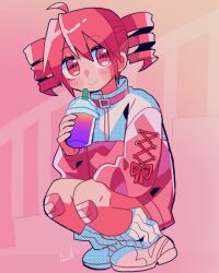 1girl ahoge bandaid bandaid_on_knee bandaid_on_leg blush_stickers commentary cross-laced_clothes cross-laced_sleeves cup disposable_cup drill_hair drinking_straw halftone holding holding_cup jacket kasane_teto long_sleeves looking_to_the_side loose_socks pink_background pink_eyes pink_hair smile socks solo squatting twin_drills utau yuusuke-kun