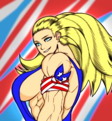 1girl abs american_flag american_flag_print blonde_hair boku_no_hero_academia breasts cleavage_cutout clothing_cutout flag_print green_eyes hensket highres large_breasts long_hair looking_at_viewer muscular muscular_female smile solo star_and_stripe_(boku_no_hero_academia)