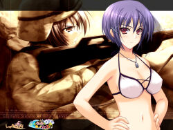 1girl bikini blue_hair boku_to_gonee_to_umi_no_year!! breasts cleavage copyright_name covered_erect_nipples english_text gun hands_on_own_hips highres jewelry large_breasts military_uniform nanami_akira necklace official_art official_wallpaper red_eyes rifle short_hair sniper_rifle swimsuit tomose_shunsaku weapon white_bikini