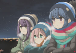3girls beanie black_jacket blue_eyes blue_hair blue_hat blue_jacket blue_scarf breath closed_mouth down_jacket fur-trimmed_jacket fur_trim green_eyes green_jacket hat highres jacket kagamihara_nadeshiko long_sleeves multicolored_scarf multiple_girls nao_suke night night_sky orange_scarf outdoors pink_hair pom_pom_(clothes) pom_pom_beanie purple_eyes purple_hair red_scarf scarf shima_rin shirt sky smile striped_clothes striped_shirt toki_ayano upper_body yurucamp