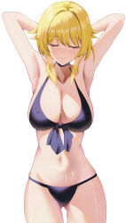 1girl absurdres armpits arms_behind_head bikini black_bikini blonde_hair breasts cleavage closed_eyes collarbone commentary_request cowboy_shot facing_viewer front-tie_top genshin_impact groin hair_between_eyes highres katagiri_nanoka large_breasts lumine_(genshin_impact) navel short_hair short_hair_with_long_locks sidelocks simple_background sleeveless smile solo stomach swimsuit white_background