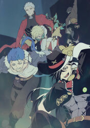 archer_(fate) archer_(honkai:_star_rail)_(fate) aventurine_(honkai:_star_rail) blonde_hair blue_hair boothill_(honkai:_star_rail) carrying carrying_person coat cowboy_hat crossover cu_chulainn_(fate) cu_chulainn_(fate/stay_night) fate/stay_night fate/unlimited_blade_works fate_(series) hat highres honkai:_star_rail honkai_(series) jacket k_pipernigrum male_focus multiple_boys open_clothes open_jacket red_coat smile spiked_hair white_hair