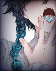 Rule 34 | 1boy, anemo symbol (genshin impact), aqua hair, black hair, braid, close-up, fugusashi (fgss2089), genshin impact, gradient hair, hand up, highres, male focus, mouth focus, multicolored hair, open mouth, saliva, shirt, solo, tongue, v, venti (genshin impact), white shirt