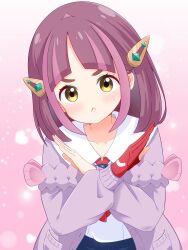 1girl :&lt; absurdres arched_bangs beenyan_1203 cardigan closed_mouth commentary_request eyelashes gloves hair_ornament hairclip highres lacey_(pokemon) light_blush looking_at_viewer nintendo open_cardigan open_clothes pants partially_fingerless_gloves pink_background pokemon pokemon_sv purple_cardigan purple_hair red_gloves shirt single_glove solo white_shirt x_arms yellow_eyes