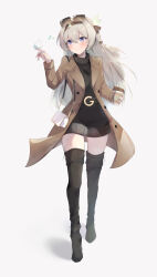 1girl absurdres alternate_costume bag belt bird bird_on_hand black_belt black_boots black_dress black_hairband blush boots brown_coat coat commentary cup disposable_coffee_cup disposable_cup dress elphe eyewear_on_head firefly_(honkai:_star_rail) full_body grey_background grey_hair hairband highres holding holding_cup honkai:_star_rail honkai_(series) long_hair long_sleeves musical_note open_clothes open_coat purple_eyes shoulder_bag simple_background solo standing sunglasses sweater sweater_dress symbol-only_commentary thigh_boots turtleneck turtleneck_sweater very_long_hair