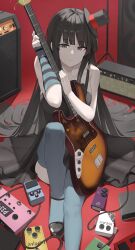 1girl absurdres akiyama_mio bass_guitar black_dress black_eyes black_footwear black_hair black_hat blue_gloves blue_thighhighs breasts closed_mouth commentary dddm don&#039;t_say_&quot;lazy&quot; dress elbow_gloves gloves hand_up hat highres holding holding_bass_guitar holding_instrument instrument k-on! knee_up long_hair mini_hat mini_top_hat sitting solo striped_clothes striped_gloves thighhighs top_hat