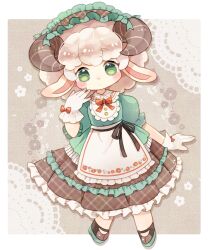 Rule 34 | 1girl, animal ears, apron, black ribbon, blush stickers, border, bow, bowtie, brown background, brown hairband, brown shoes, brown skirt, closed mouth, collared shirt, commentary request, commission, contrast collar, drop shadow, frilled apron, frilled hairband, frilled shirt collar, frilled skirt, frills, full body, glove bow, gloves, green eyes, green shirt, grey hair, hairband, horizontal pupils, horns, looking at viewer, okamori kuo, original, outside border, plaid clothes, plaid hairband, plaid skirt, red bow, red bowtie, ribbon, sheep ears, sheep girl, sheep horns, shirt, shoes, short hair, short sleeves, skeb commission, skirt, solo, standing, vrchat, waist apron, white apron, white border, white gloves