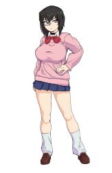 1girl arm_at_side ayase_momo ayase_momo_(cosplay) black_hair blue_skirt breasts brown_eyes brown_shoes choker collared_shirt commentary contrapposto cosplay dandadan girls_und_panzer hair_between_eyes hand_in_own_hair highres huaronanago kami_high_school_uniform kawashima_momo large_breasts loafers looking_at_viewer looking_to_the_side loose_socks medium_hair monocle name_connection pink_sweater pleated_skirt school_uniform shirt shoes simple_background skirt socks solo sweater thighs white_background white_shirt white_socks