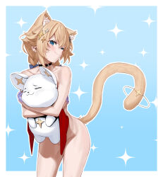 1girl agemmata animal_ears bare_arms bare_legs bare_shoulders black_choker blonde_hair blue_bow blue_eyes bow braid cat_ears cat_girl cat_tail choker closed_mouth commentary convenient_censoring earrings english_commentary hair_bow hair_ornament head_tilt highres holding holding_stuffed_toy jewelry kaneko_lumi kemonomimi_mode leaning_forward low_twin_braids narrowed_eyes nude phase_connect slit_pupils smile smug solo standing star_(symbol) star_earrings star_hair_ornament stuffed_toy tail twin_braids virtual_youtuber