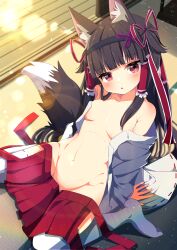 1girl :o absurdres animal_ear_fluff animal_ears arm_support bare_shoulders black_hair black_hairband blunt_bangs blush breasts brown_hair clothes_down clothes_pull collarbone commission convenient_censoring fox_ears fox_girl fox_tail frilled_hair_tubes frills groin hair_censor hair_over_breasts hair_ribbon hair_tubes hairband hakama hakama_short_skirt hakama_skirt hakurei_reimu head_tilt highres indoors japanese_clothes kimono leaning_back lens_flare loli long_hair long_sleeves looking_at_viewer miko navel no_panties no_shoes off_shoulder on_floor open_clothes open_kimono open_skirt original parted_lips partially_undressed pleated_skirt red_eyes red_hakama red_ribbon red_skirt ribbon ribbon-trimmed_sleeves ribbon_trim shiro9jira sidelocks sitting skeb_commission skirt skirt_pull small_breasts solo stomach sunlight tail tatami thighhighs undressing wariza white_thighhighs wide_sleeves
