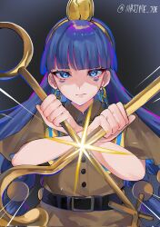 Rule 34 | 1girl, artist name, belt, black background, black belt, blue eyes, blue hair, brown shirt, buttons, capelet, closed mouth, collared shirt, commentary, crossed arms, earrings, english commentary, facial mark, gold hairband, hair ornament, hairband, hands up, headpiece, highres, hime cut, holding, holding polearm, holding weapon, jewelry, key earrings, long hair, looking at viewer, low-tied long hair, majime joe, michigami nareko, polearm, shirt, short sleeves, simple background, solo, sparkle, sphere hair ornament, striped capelet, touhou, triangle, triangle facial mark, weapon, yellow capelet