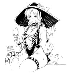 arknights breasts character_request check_character commentary food food_on_face hat highres holding holding_ice_cream_cone ice_cream_cone jewelry large_breasts leotard necklace ryuusei_(mark_ii) signature sitting sketch swire_(arknights) swire_the_elegant_wit_(arknights) tail thick_thighs thigh_strap thighs tiger_girl tiger_tail twitter_username