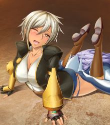 Rule 34 | 1boy, 1girl, arc system works, arm support, ass, blazblue, blush, boots, breasts, brown hair, bullet (blazblue), cleavage, collarbone, dark skin, fingerless gloves, gloves, hair between eyes, hakumen, jacket, large breasts, legs, legs up, long hair, looking back, lying, on stomach, one eye closed, open mouth, orange eyes, scar, shaito, short hair, short shorts, shorts, silver hair, tears, very long hair
