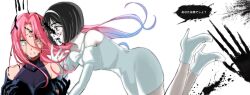 Rule 34 | 2girls, alien stage, bedmfmf, black blood, black dress, black gloves, black hair, blood, blood on face, blue hair, bob cut, boots, clothing cutout, commentary, crying, crying with eyes open, dress, gloves, hairband, hashtag-only commentary, high heel boots, high heels, highres, long hair, mizi (alien stage), multicolored hair, multiple girls, off-shoulder dress, off shoulder, pink hair, purple eyes, short hair, shoulder cutout, sua (alien stage), tears, thumbnail collage, thumbnail surprise, translation request, two-tone hair, white boots, white dress, white gloves, white hairband, yellow eyes