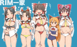 Rule 34 | +++, 5girls, :d, ?, ahoge, ascot, benikurage (cookie), bikini, black bikini, black hair, blue background, blue one-piece swimsuit, bow, bowtie, breasts, brown eyes, brown hair, brown horns, closed eyes, closed mouth, collar, commentary request, cookie (touhou), cowboy shot, curtained hair, detached collar, detached sleeves, flat chest, frilled bow, frilled hair tubes, frills, hair bow, hair tubes, hakurei reimu, heart, heart-shaped eyewear, horns, ibuki suika, kanna (cookie), large breasts, long hair, looking at viewer, medium breasts, multiple girls, navel, one-piece swimsuit, open mouth, orange eyes, orange hair, plump, pura (aiueo256375), red bikini, red bow, red bowtie, red eyes, reu (cookie), ribbon-trimmed sleeves, ribbon trim, sananana (cookie), selfie, sidelocks, simple background, smile, swimsuit, touhou, v, white bikini, white collar, white sleeves, yamin (cookie), yellow ascot, yellow bikini