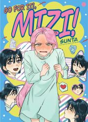 Rule 34 | 2girls, :d, alien stage, aqua dress, black hair, blunt ends, blush, character name, clutching chest, commentary, cover, cover page, cowboy shot, dress, english commentary, english text, fake cover, flustered, ganbare! nakamura-kun!!, green eyes, heart, heart frame, highres, long hair, manga cover, mizi (alien stage), multiple girls, multiple views, open mouth, parody, parted bangs, pink hair, purple eyes, short hair, smile, speech bubble, spoken heart, star (symbol), star frame, sua (alien stage), title parody, uiooop err, v-shaped eyebrows, yuri