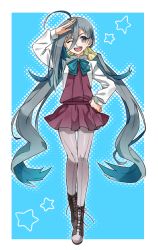 10s 1girl ahoge female_focus grey_eyes grey_hair kantai_collection kiyoshimo_(kancolle) komiya_harumoto long_hair one_eye_closed open_mouth pantyhose salute school_uniform skirt smile solo twintails very_long_hair