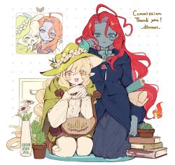 2girls blonde_hair blue_eyes book book_stack cactus cape closed_eyes closed_mouth colored_skin commission english_text fiery_hair flower_pot full_body green_cape green_hair grey_skin half-closed_eyes harp highres instrument long_hair looking_at_viewer medium_hair morning_(d0nteat) multiple_girls multiple_views orange_eyes original pointy_ears red_hair shirt skeb_commission white_shirt