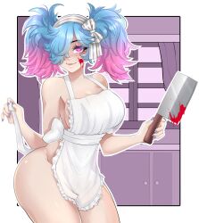 1girl absurdres apron armpit_crease ass blood blood_on_face blue_hair blue_nails breasts commentary fire_emblem fire_emblem_fates heart heart-shaped_pupils highres kitchen_knife knife kyhsoren large_breasts multicolored_hair nail_polish naked_apron nintendo peri_(fire_emblem) pink_eyes pink_hair pink_nails smile solo symbol-shaped_pupils twintails two-tone_hair two-tone_nails