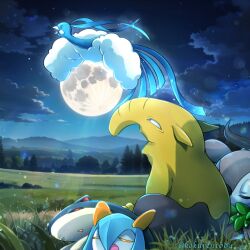 altaria alternate_color artist_name closed_eyes cloud colored_skin creatures_(company) drowzee full_moon game_freak gen_1_pokemon gen_2_pokemon gen_3_pokemon gen_6_pokemon grass highres kirlia kokuren moon mountainous_horizon multicolored_skin night night_sky nintendo on_grass open_mouth pokemon pokemon_(creature) quilava shiny_pokemon skiddo sky sleeping two-tone_skin white_skin yellow_skin