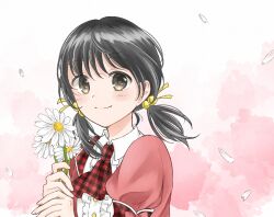 1girl ascot black_eyes black_hair center_frills collared_shirt commentary_request daisy falling_petals flower frills hair_bobbles hair_ornament holding holding_flower kaai_yuki kaai_yuki_(vocaloid4) looking_at_viewer low_twintails petals plaid_ascot plaid_clothes rooibos shirt smile solo twintails upper_body vocaloid wind