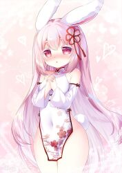 1girl animal_ears bare_shoulders blush china_dress chinese_clothes covered_navel detached_sleeves dress hair_between_eyes hamiyamiko hands_up hashtag-only_commentary highres long_hair looking_at_viewer no_panties nose_blush original own_hands_clasped own_hands_together parted_lips pink_hair rabbit_ears rabbit_tail red_eyes sleeveless sleeveless_dress solo tail very_long_hair white_dress white_sleeves