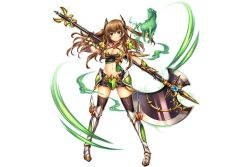 1girl artist_request axe bad_source bare_shoulders breasts brown_hair cleavage collar epona_(kamihime_project) full_body game_cg gloves grey_eyes horse huge_weapon kamihime_project light_smile medium_breasts navel official_art over_shoulder short_shorts shorts solo third-party_source transparent_background twintails weapon weapon_over_shoulder