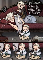 Rule 34 | a song of ice and fire, ackerbangbang, aemon targaryen, baby, commentary, cutting hair, daemon targaryen, disgust, eating hair, english commentary, english text, highres, house of the dragon, sleep talking, sleeping, uncle and nephew, viserys targaryen, white hair