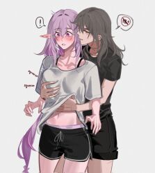 ! 2girls black_shirt black_shorts blush breasts castorice_(honkai:_star_rail) cowboy_shot dolphin_shorts ear_blush grabbing_another&#039;s_breast grey_hair grey_shirt groping hashtag-only_commentary highres honkai:_star_rail honkai_(series) long_hair medium_breasts medium_hair midriff_peek multiple_girls navel purple_eyes purple_hair shirt shorts simple_background spoken_exclamation_mark spoken_number stelle_(honkai:_star_rail) thighs touko_35 trailblazer_(honkai:_star_rail) white_background yellow_eyes yuri