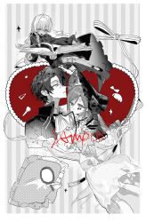 1boy 2girls book dress frills greyscale_with_colored_background hair_between_eyes heart highres holding long_hair long_sleeves monochrome multiple_girls original pillow qyzhiaiyisheng red_background ribbon short_hair spot_color striped_background