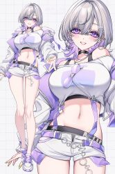 1girl black_bra bra bra_peek breasts colored_inner_hair grey_hair highres midriff multicolored_hair navel neko-san_(dim.dream) open_fly original purple_eyes purple_hair shoes short_hair short_shorts shorts smile solo suspenders underwear unworn_eyewear v white_shorts yellow_nails