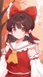 1girl ascot autumn_leaves bow branch brown_hair collar commentary_request detached_sleeves falling_leaves forest frilled_bow frilled_collar frilled_hair_tubes frills hair_bow hair_tubes hakurei_reimu highres leaf light_blush long_hair long_sleeves midriff nature orange_background red_bow red_eyes red_shirt shirt smile solo touhou tree upper_body wengcang_hefeng white_collar white_sleeves yellow_ascot