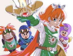 1980s_(style) 2boys 2girls angry blonde_hair blue_eyes cape cousins dragon_quest dragon_quest_ii gloves goggles goggles_on_head green_gloves highres holding holding_sword holding_weapon multiple_boys multiple_girls oldschool orange_hair prince_of_lorasia prince_of_samantoria princess_of_moonbrook princess_of_samantoria serious siblings smile sword tiara weapon yuto_sakurai