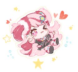 &gt;_o 1girl ;3 anklet bead_anklet bead_necklace beads black_bow black_jacket black_shoes black_skirt bow bubble cat_princess chibi chinese_commentary closed_mouth commentary_request fur-trimmed_sleeves fur_leg_warmers fur_trim gyaru hair_ornament hair_scrunchie hairclip happy heart infinity_nikki jacket jewelry leg_warmers light_blush long_hair long_sleeves miniskirt multicolored_hair necklace nikki_(series) one_eye_closed outline pink_eyes pink_hair pink_leg_warmers pink_scrunchie pleated_skirt rainbow_hair_ornament rosie_sweetheart_(infinity_nikki) scrunchie shoes skirt smile solo star_(symbol) star_hair_ornament streaked_hair striped_bow tareme transparent_background two-tone_hair two_side_up v very_long_hair waist_bow white_outline white_scrunchie x_hair_ornament y2k_fashion