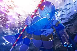 1girl android armor blue_armor blue_eyes blue_helmet fairy_leviathan_(mega_man) fins forehead_jewel gloves guutara head_fins helmet holding holding_polearm holding_weapon looking_at_viewer mega_man_(series) mega_man_zero_(series) ocean polearm robot_girl romaji_text signature smile solo spear underwater weapon white_gloves