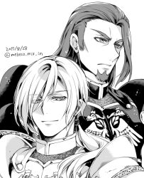 2017 2boys armor commentary_request dated dragon_quest dragon_quest_xi facial_hair greig_(dq11) greyscale homeros_(dq11) knight long_hair looking_at_viewer looking_to_the_side low_ponytail male_focus medium_hair mekeko monochrome multiple_boys ponytail single_bang smile twitter_username upper_body