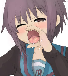 00s 1girl atahuta bad_id bad_pixiv_id brown_eyes cum cum_on_body facial fellatio_gesture female_focus invisible_penis nagato_yuki one_eye_closed open_mouth oral_invitation pov purple_hair short_hair solo suzumiya_haruhi_no_yuuutsu tongue tongue_out upper_body wink